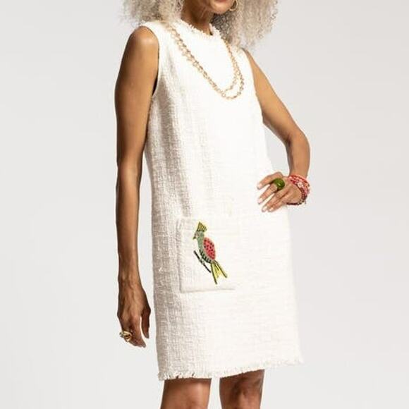 Frances Valentine Twiggy Beaded Parrot Fringe Dress White Bouclé Shift NWT Large - Picture 1 of 13